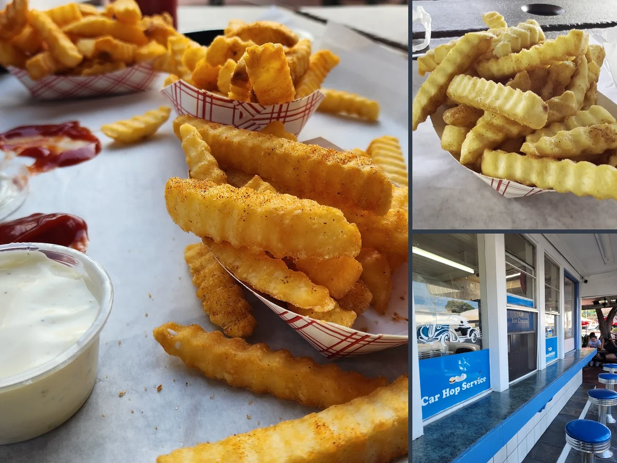 Burgers, fries, and shakes at a drive-in counter.